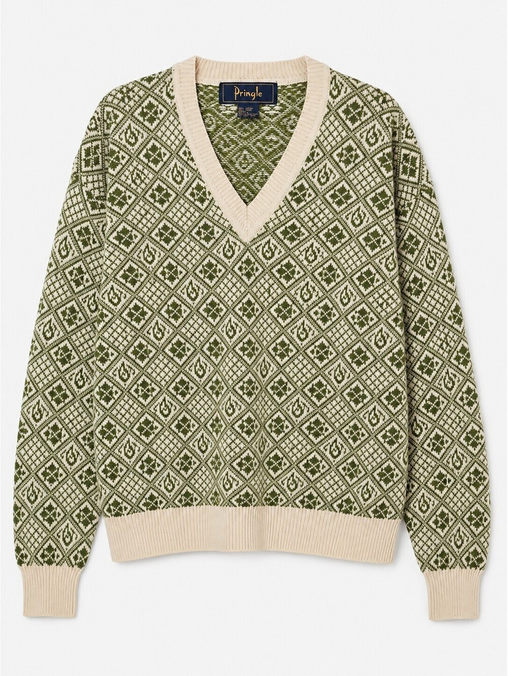 Vintage Pringle 100% Cotton Green Cream Geometric V-Neck Sweater Hong Kong